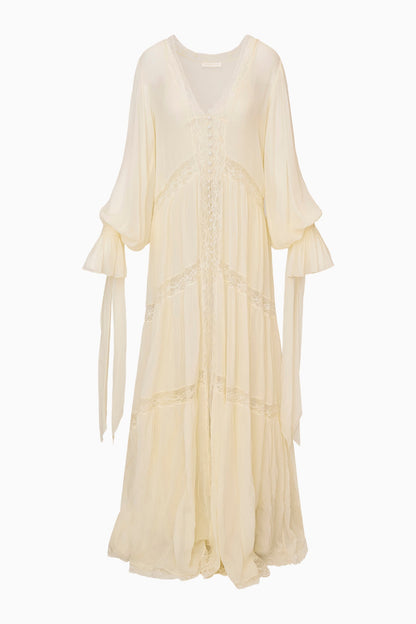 Robe longue en mousseline de soie et dentelle Lyvienne