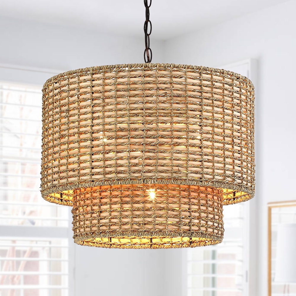 Lustre tambour à 4 lumières en rotin Lennie de 20 po avec auvent noir - 20 po de largeur - 20 po de largeur