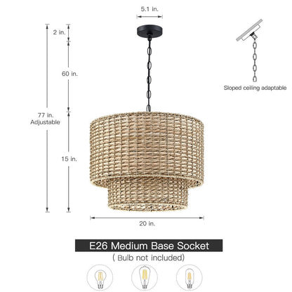 Lustre tambour à 4 lumières en rotin Lennie de 20 po avec auvent noir - 20 po de largeur - 20 po de largeur