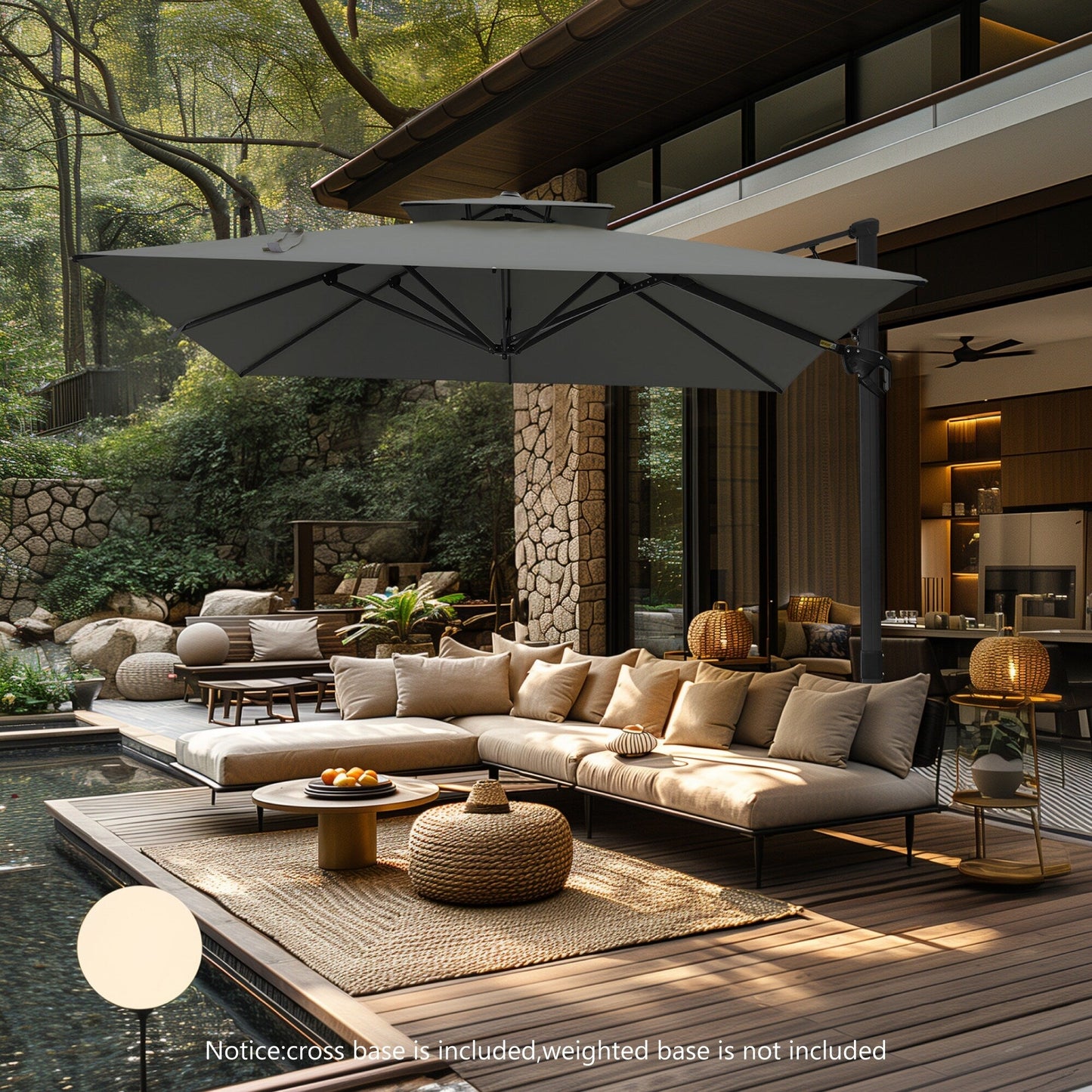 MAISON ARTS Parasol déporté hydraulique automatique de 12 pieds avec mât en aluminium et rotation à 360 degrés