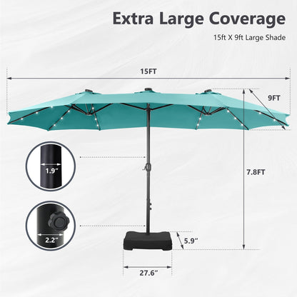 MAISON ARTS Parasol de marché extérieur rectangulaire à manivelle double face de 15 pieds Parasol de patio éclairé par LED solaire avec base incluse
