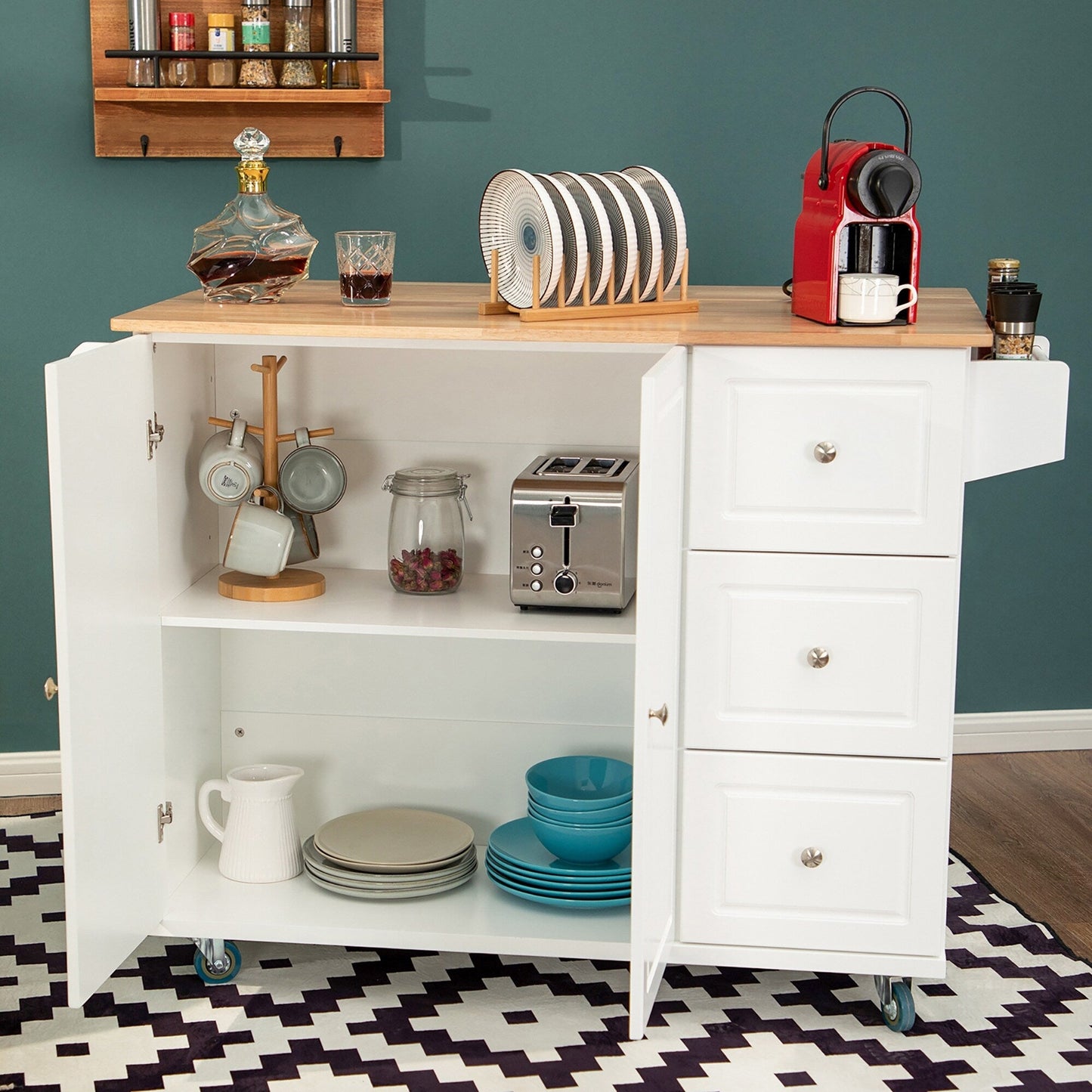 Desserte de cuisine Sophia &amp; William avec abattant et plateau en bois d'hévéa, chariot de cuisine roulant avec grand meuble de rangement