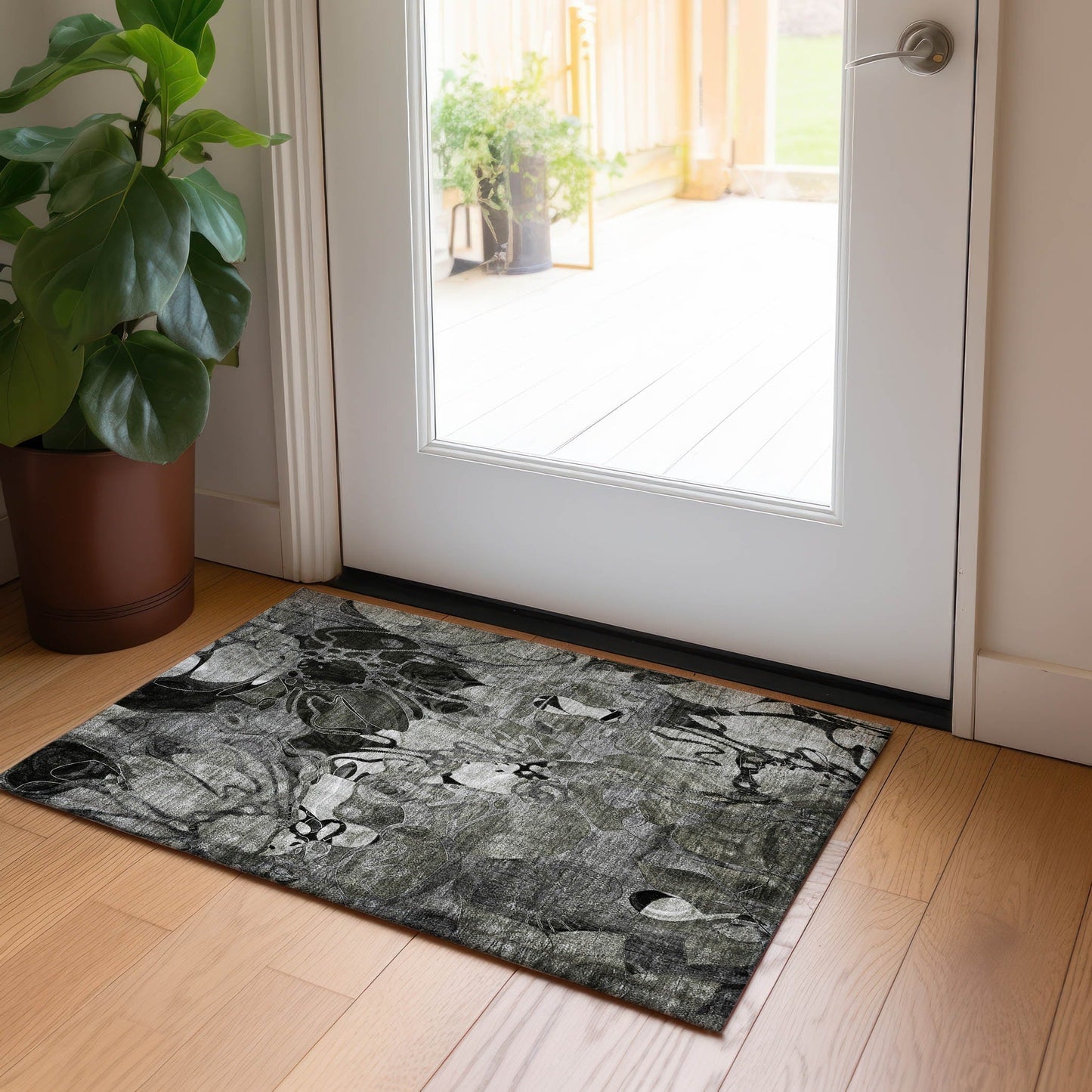 Machine Washable Indoor/ Outdoor Modern Floral Chantille Rug