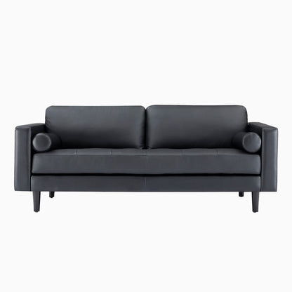 Canapé moderne en cuir véritable avec pieds en bois et coussin traversin supplémentaire