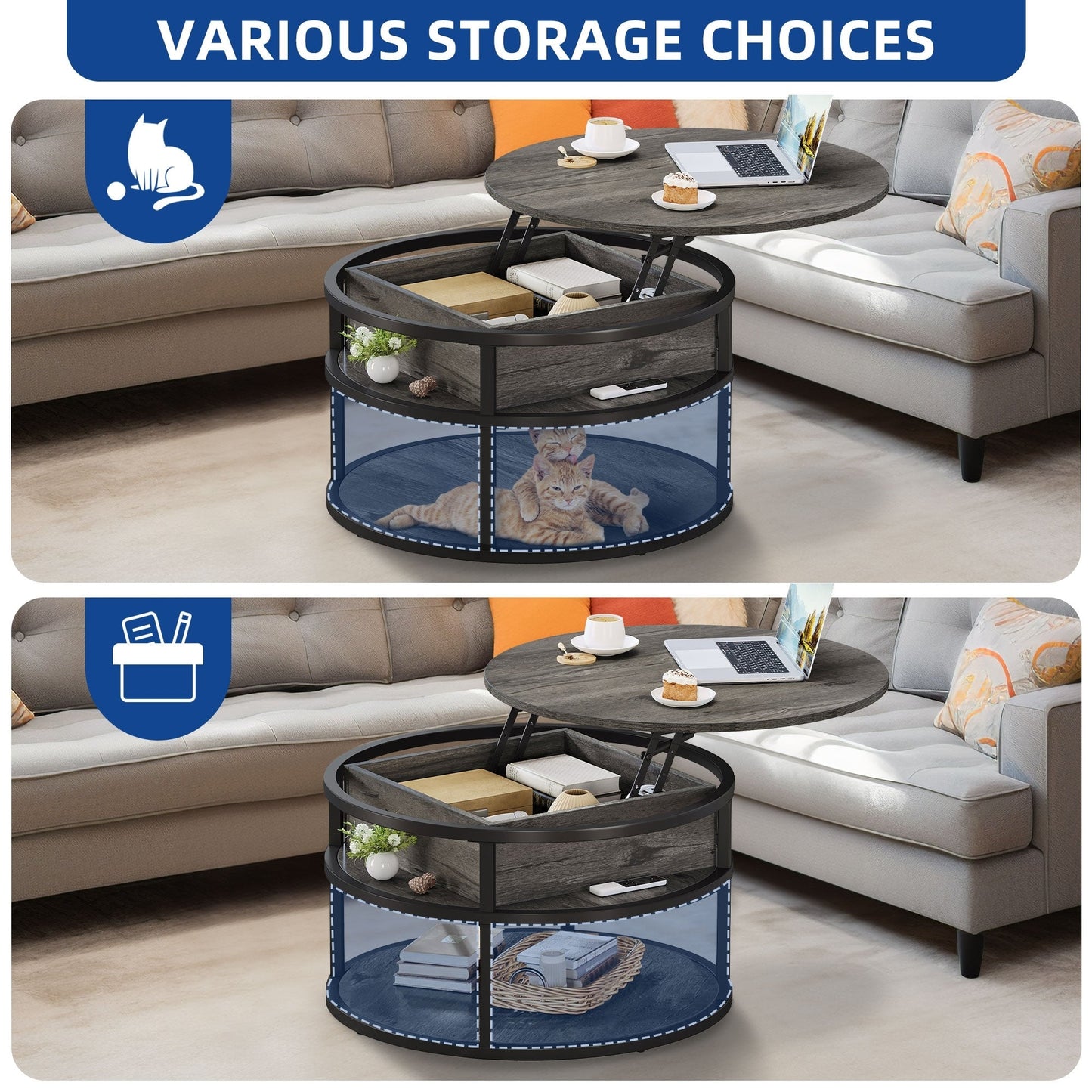 Moasis Round Lift Top Coffee Table with Hidden Storage