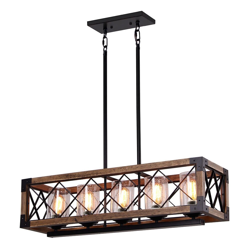 Lustre rectangulaire en bois à 5 lumières de style ferme moderne, avec verre grainé et îlot de cuisine pour salle à manger – 31,5 L x 8,75 l x 8 H