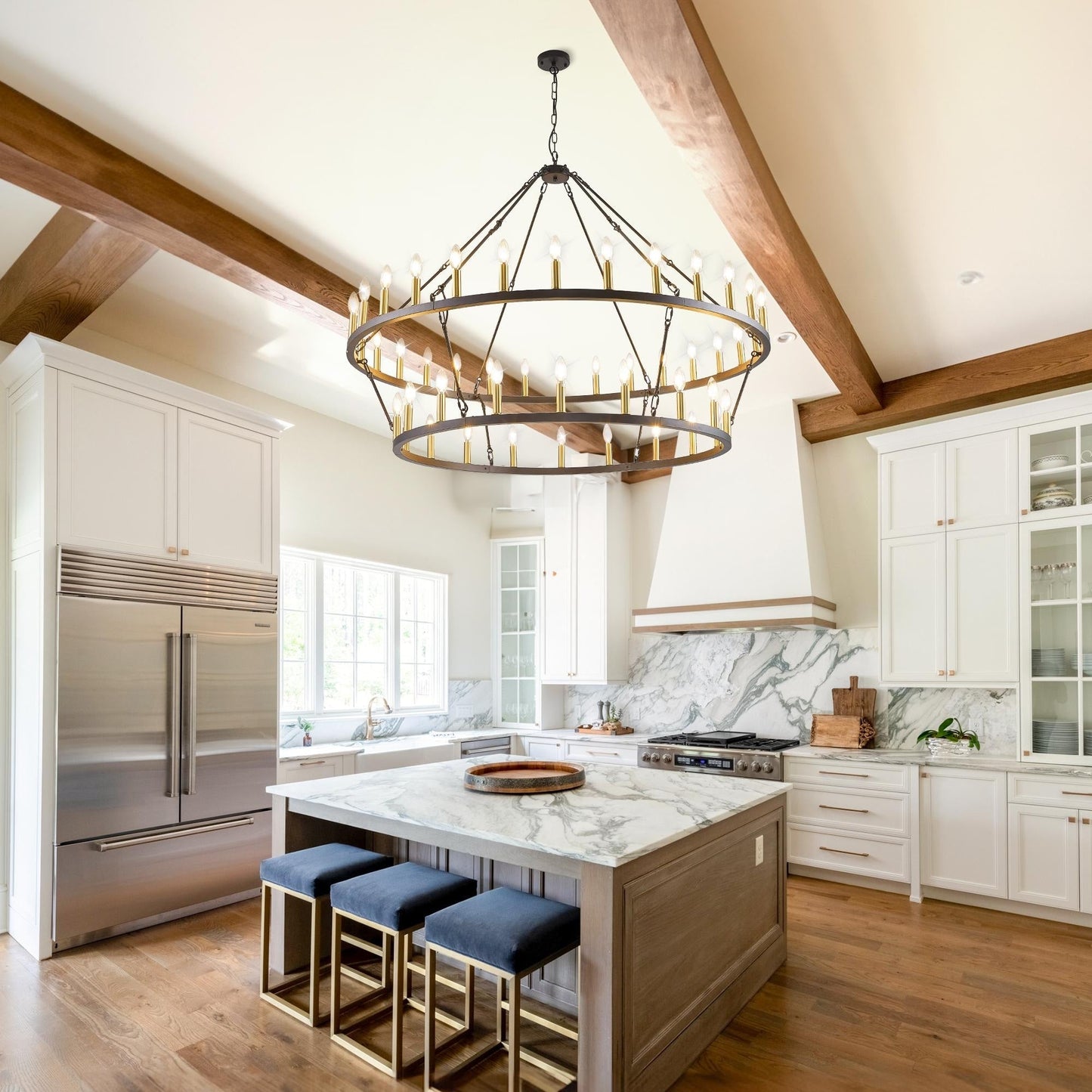 Lustre de ferme moderne à 2 niveaux, lustre rond en forme de roue de chariot, grand plafonnier haut.