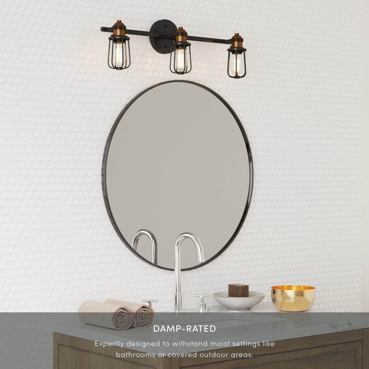 Nathan James Rori Vanity Wall Light Indoor 3-Light Bathroom with Farmhouse Cage Sconce and Brass Details