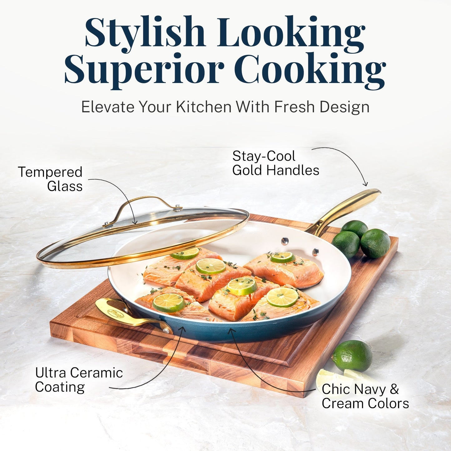 Batterie de cuisine antiadhésive en céramique ultra performante Gotham Steel Natural Collection, 15 pièces, bleu marine