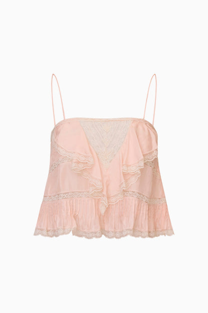 Camisole à volants en dentelle de soie Ondeline