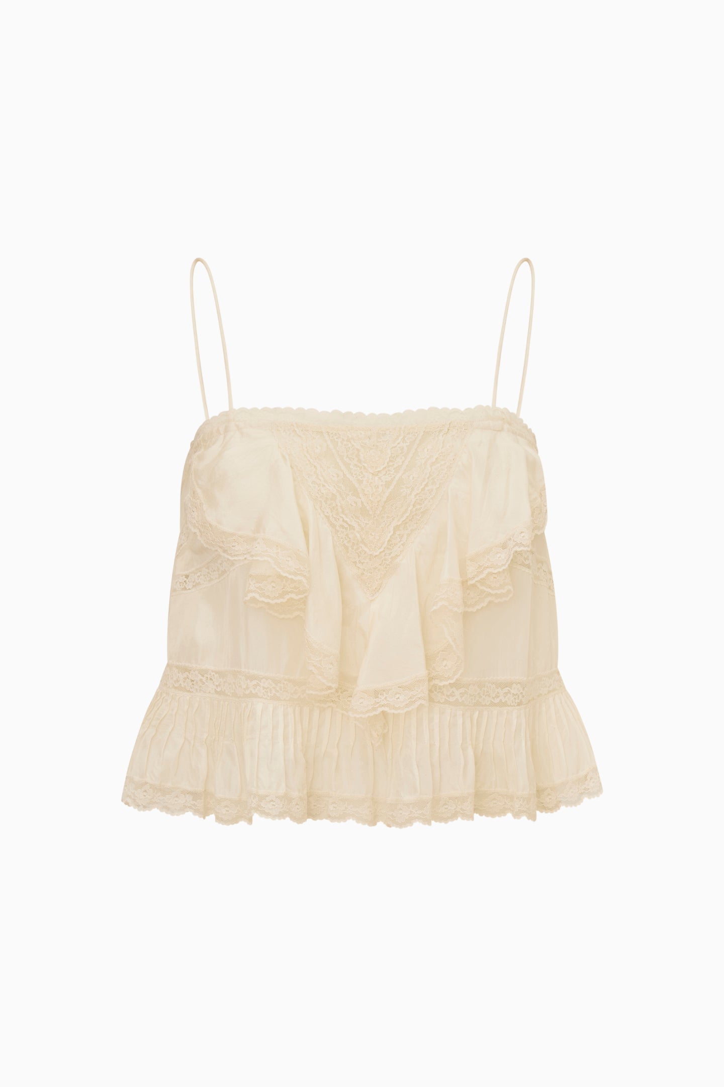 Camisole à volants en dentelle de soie Ondeline