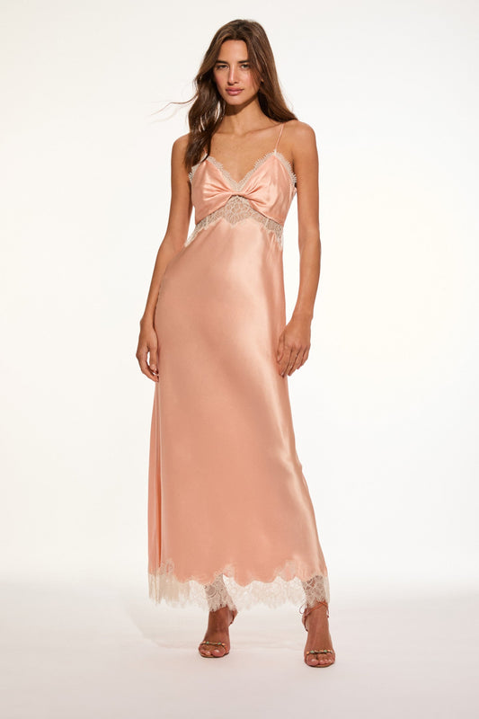 Robe longue nuisette Orianna en soie mélangée - PECHE