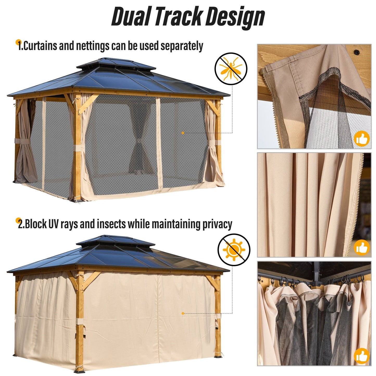 Gazebo à toit rigide EROMMY, pergola d'extérieur avec double toit, filet et rideaux, auvent robuste pour patio, arrière-cour, fête au bord de la piscine