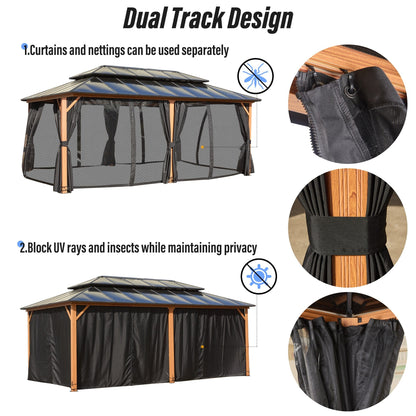 Gazebo à toit rigide EROMMY, pergola d'extérieur avec double toit, filet et rideaux, auvent robuste pour patio, arrière-cour, fête au bord de la piscine