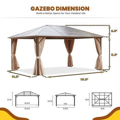 Gazebo à toit rigide EROMMY, pergola d'extérieur avec double toit, filet et rideaux, auvent robuste pour patio, arrière-cour, fête au bord de la piscine