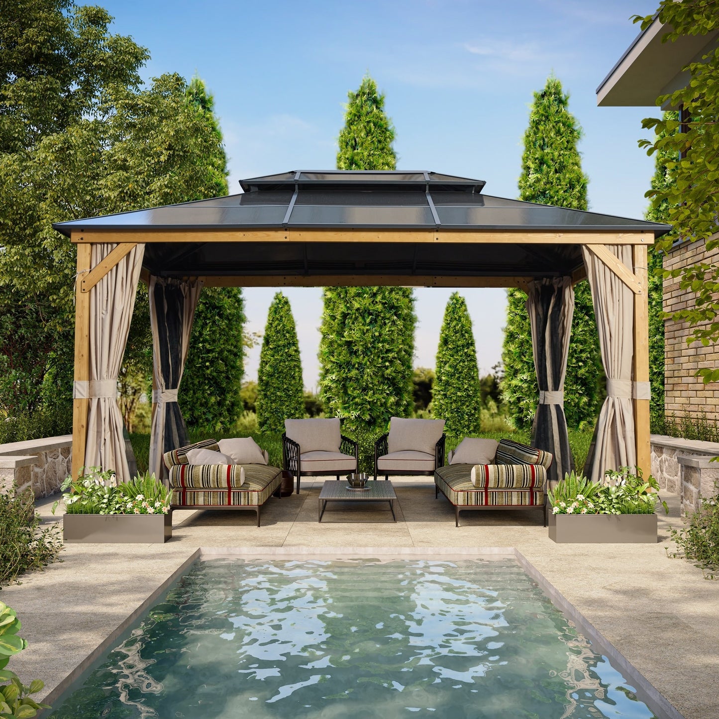 Gazebo à toit rigide EROMMY, pergola d'extérieur avec double toit, filet et rideaux, auvent robuste pour patio, arrière-cour, fête au bord de la piscine