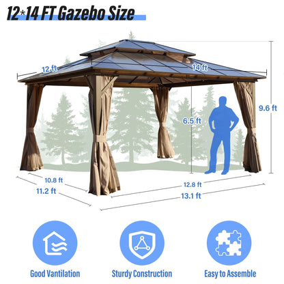 Gazebo à toit rigide EROMMY, pergola d'extérieur avec double toit, filet et rideaux, auvent robuste pour patio, arrière-cour, fête au bord de la piscine