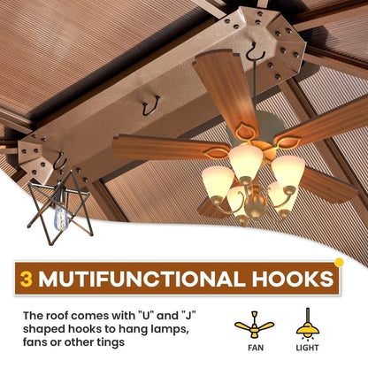 Tonnelle à toit rigide pour jardin – Pergola permanente avec filet, rideaux et double toit, abri extérieur toutes saisons