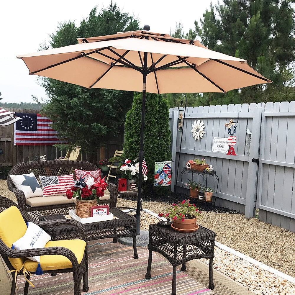 MAISON ARTS 10ft 3 Tiers Patio Outdoor Umbrella Matched with most Patio Table with Ventilation Auto-tilt and Crank Lift