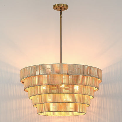Lustre bohème moderne Piersan à 5 lumières avec abat-jour en rotin à plusieurs niveaux - 26 po de largeur