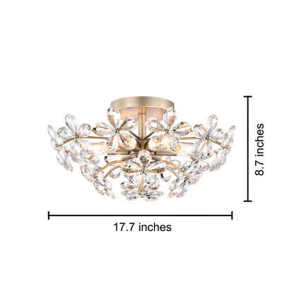 Plafonnier Rosa à 6 lumières en cristal argenté brossé, motif fleur de champagne - 45 cm de diamètre x 22 cm de hauteur