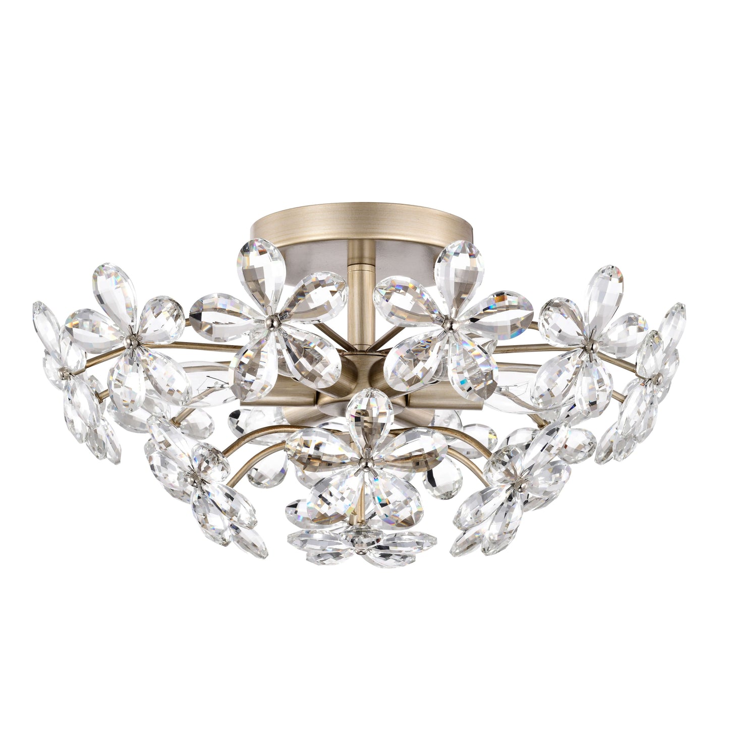 Plafonnier Rosa à 6 lumières en cristal argenté brossé, motif fleur de champagne - 45 cm de diamètre x 22 cm de hauteur