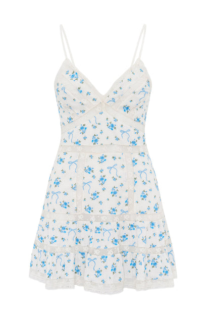 Robe courte en coton Solbina avec roses et nœuds - BLEU ÉGÉEN