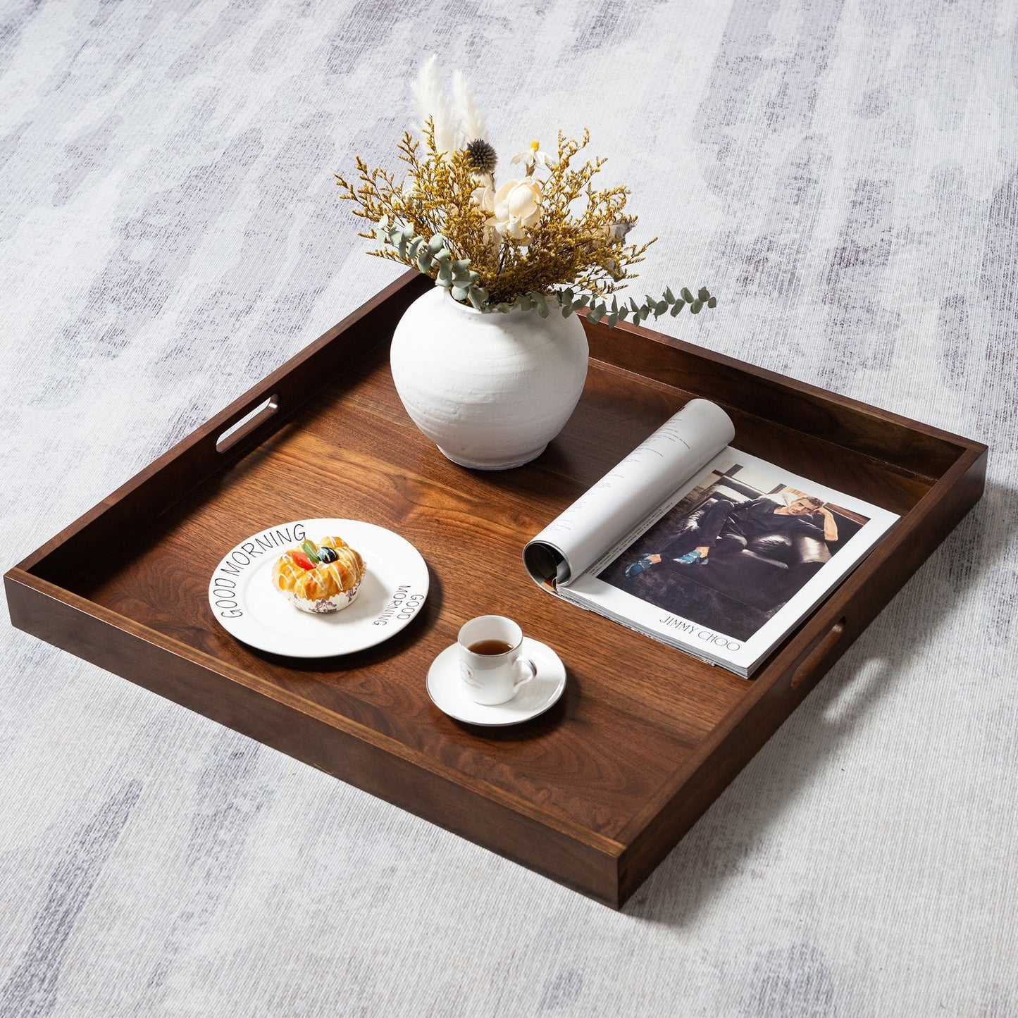 KINWELL Square Black Walnut Wood Serving Tray Ottoman Tray with Handles