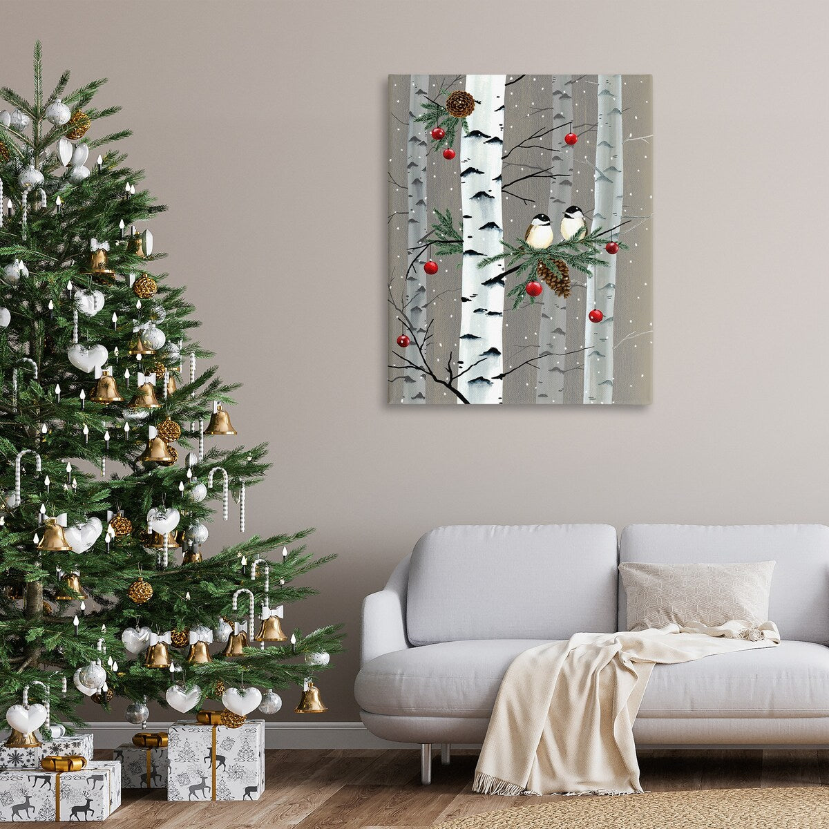 Tableau sur toile Stupell Oiseaux et décorations de Noël Forêt de bouleaux