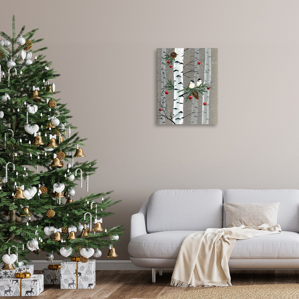 Tableau sur toile Stupell Oiseaux et décorations de Noël Forêt de bouleaux