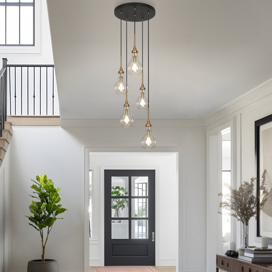 Synia Lustre moderne à 5 lumières en forme de larme en verre pour escalier, entrée, haut plafond - 38,1 cm x 46,2 à 189,9 cm