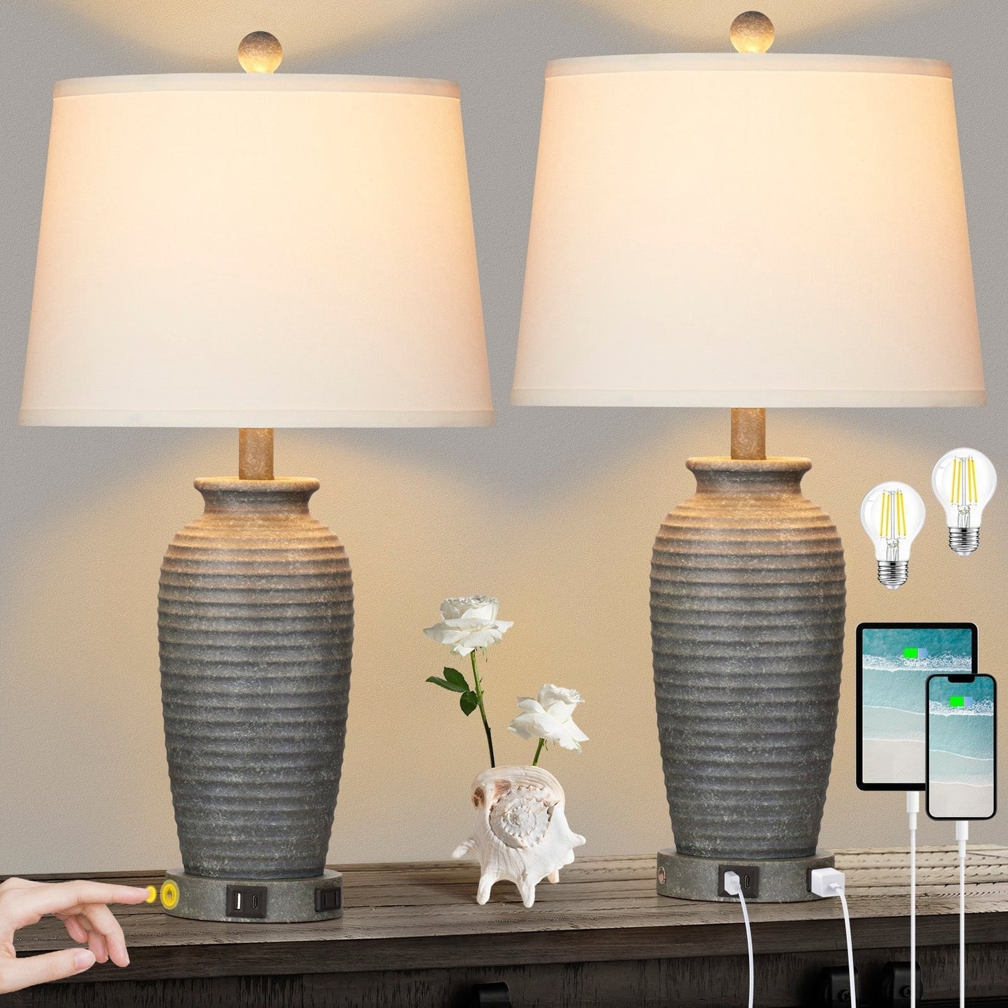 Grey Resin Table Lamps with 3-way Touch Dimming Switch USB Charging Port and AC Outlet (Set of 2)