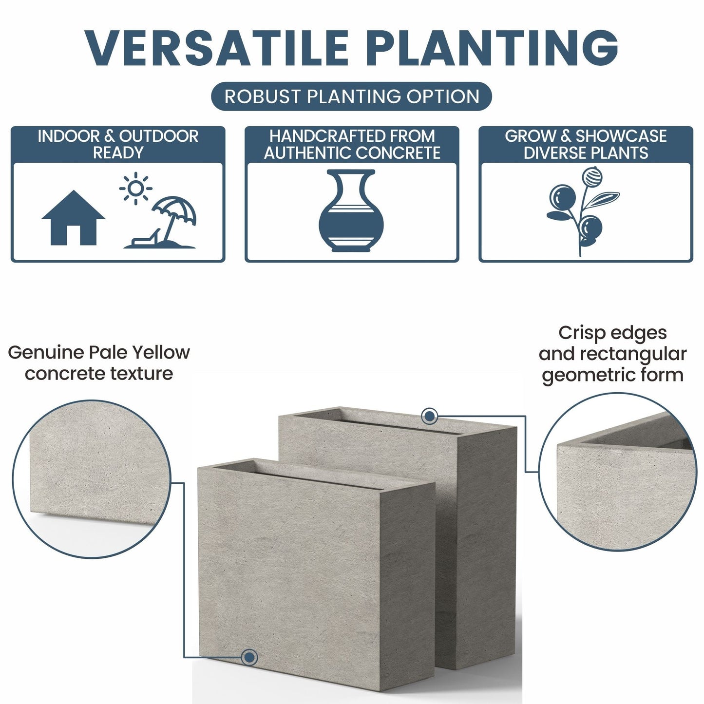 Jardinières rectangulaires en béton de grande taille / Grandes jardinières d'intérieur et d'extérieur