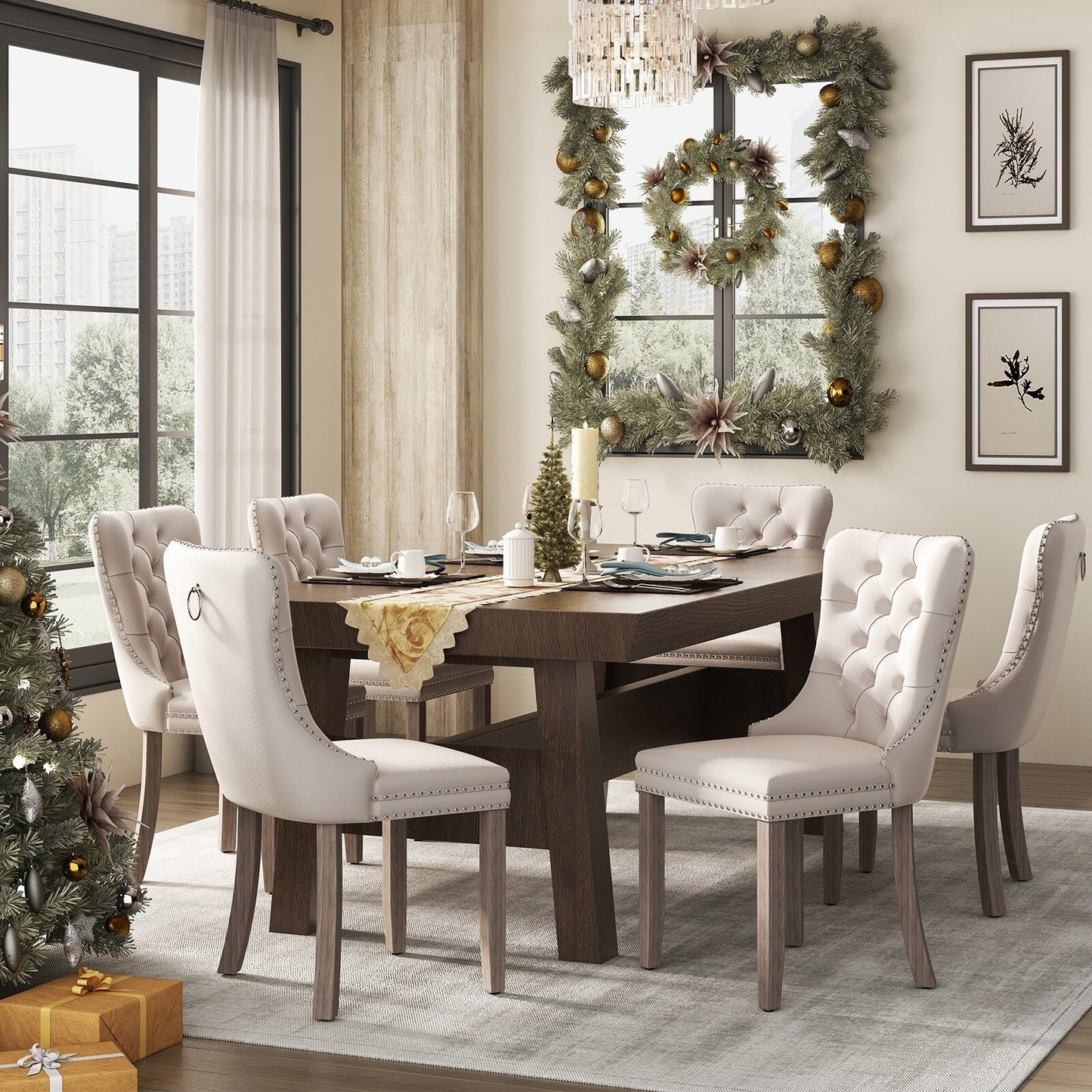 Chaise de salle à manger capitonnée en velours avec pieds en bois massif, lot de 6