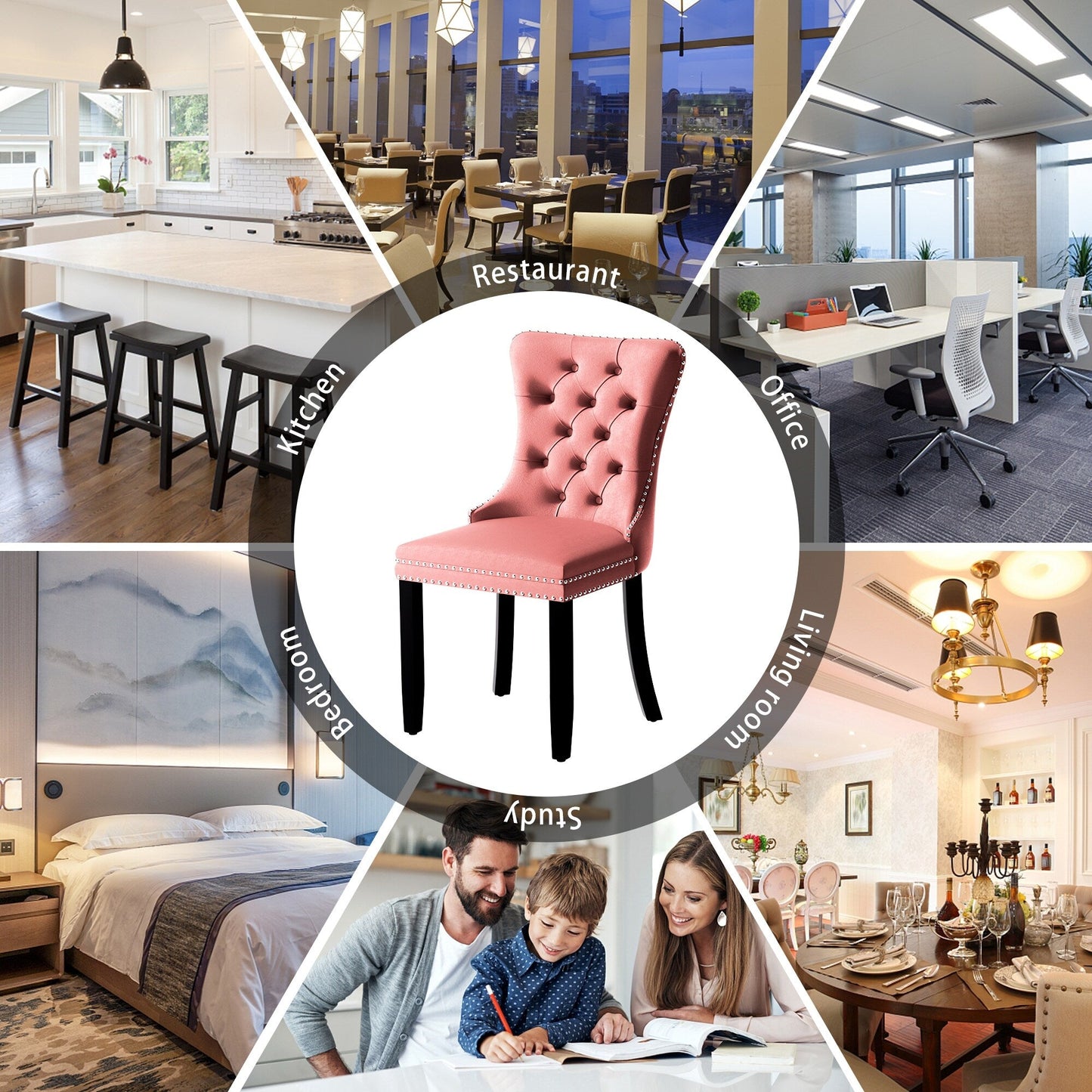 Chaise de salle à manger capitonnée en velours avec pieds en bois massif, lot de 6